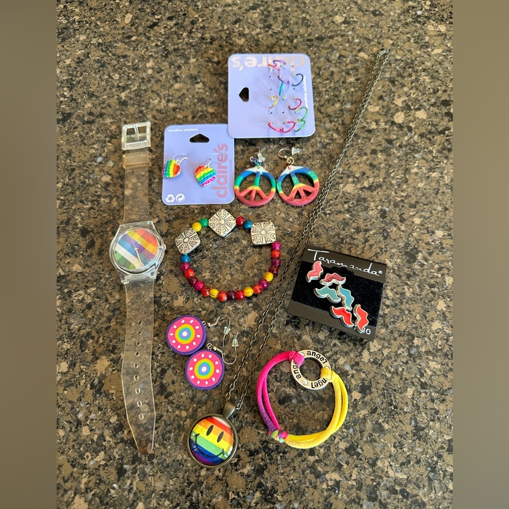 Lot of Colorful Jewelry 9 pieces - 5 earrings 2 bracelets 1 watch 1 necklace